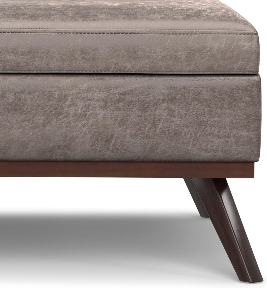 SIMPLIHOME Owen XL Square Coffee Table Storage Ottoman - 40 inch Wide Upholstered Vegan Leather Lift-Top Ottoman in Distressed Grey Taupe, Mid-Century Modern Ottoman for Living Room with Storage