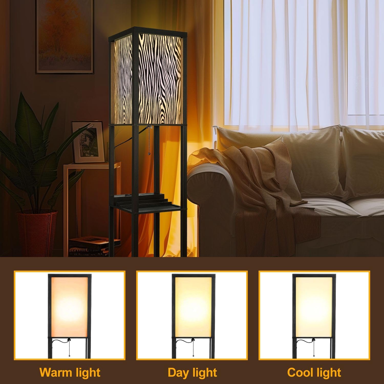 Floor Lamp with Shelves Zebra Print Pattern Standing Tall Lamp USB Ports & Power Outlet Modern Corner Lamp Nightstand Light for Living Room Bedroom