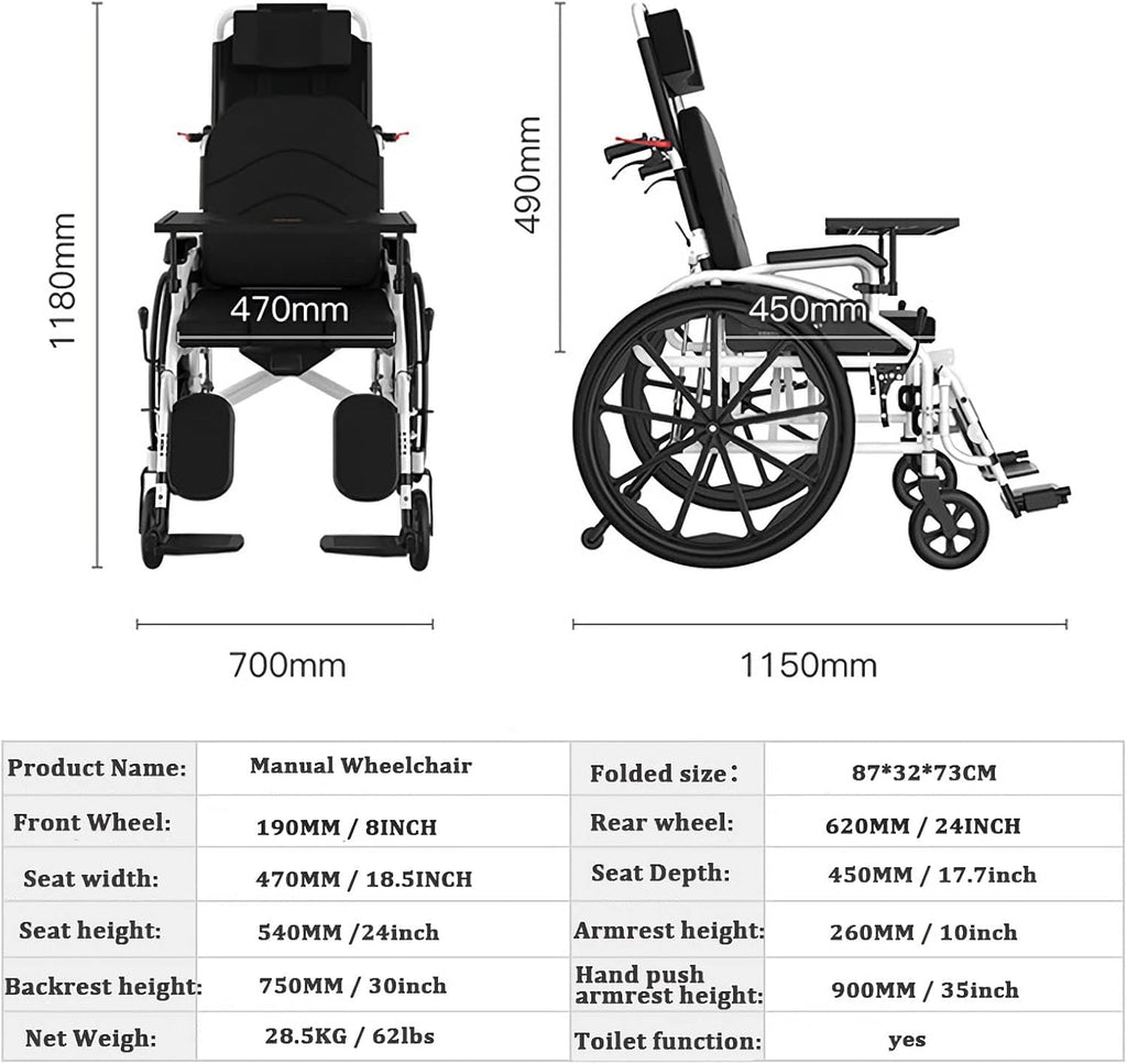 Full Reclining Wheelchair with High Back & Removable Headrest, Lightweight Foldable Manual Wheelchairs with Elevating Leg Rests, Fully Tiltable Scooter for The Disabled with Toilet, 18.5' Seat