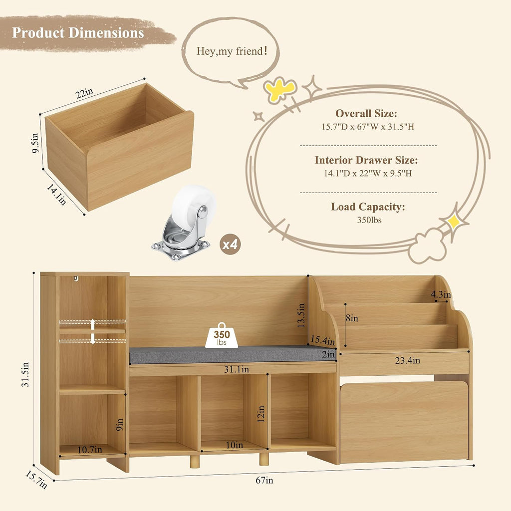 HOSTACK 67' W Kids Reading Nook with Toy Storage Organizer, Large Kids Bookshelf with Toy Storage Box on Wheels, Big Kid Bookcase with Bench and 6 Open Cubbies for Playroom, Kid Room, Natural Oak