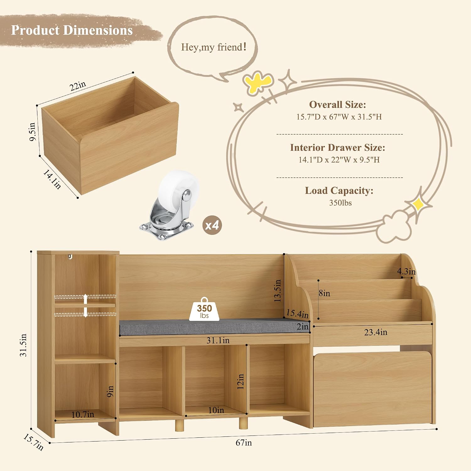 HOSTACK 67' W Kids Reading Nook with Toy Storage Organizer, Large Kids Bookshelf with Toy Storage Box on Wheels, Big Kid Bookcase with Bench and 6 Open Cubbies for Playroom, Kid Room, Natural Oak