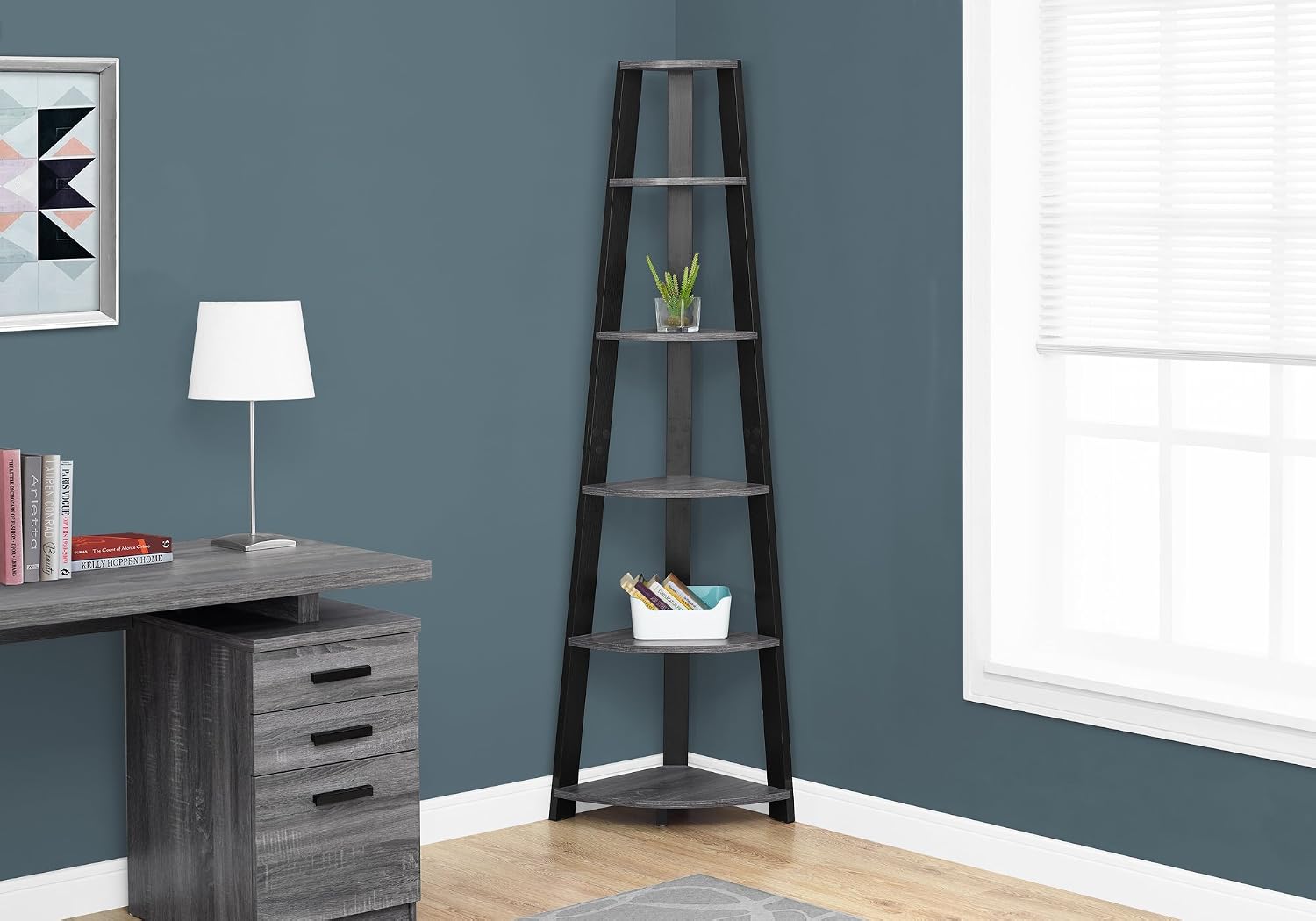 Bookshelf, Bookcase, Etagere, Corner, 5 Tier, 72' h, Office, Bedroom, Grey and Black Laminate,