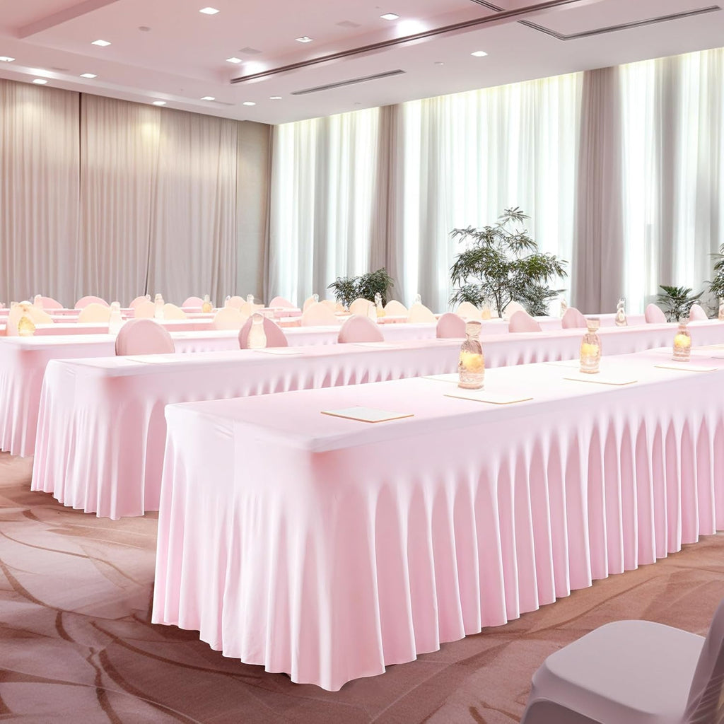 PARTISKY 6 Pack Pink Table Cover for Rectangle Tables 8ft,One-Piece Spandex Elastic Table Cloth with Skirt for Wedding Folding Table Banquet Baby Shower & Birthday Parties