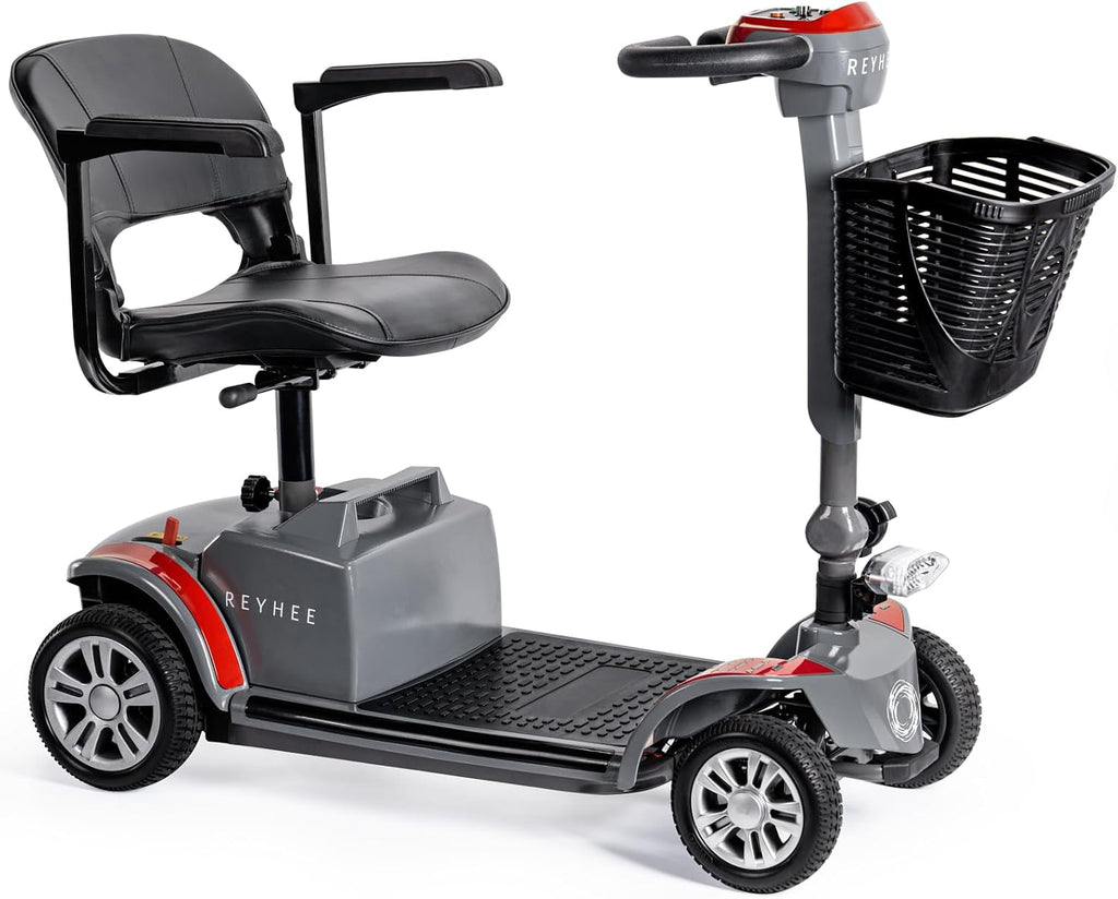 Reyhee Cruiser Powered Folding Mobility Scooters with Lengthened Legroom, 3.75MPH Max Speed & 15 Miles Range, 180W Electric Scooter for Adults Seniors with Height-Adjustable Seat (Red)
