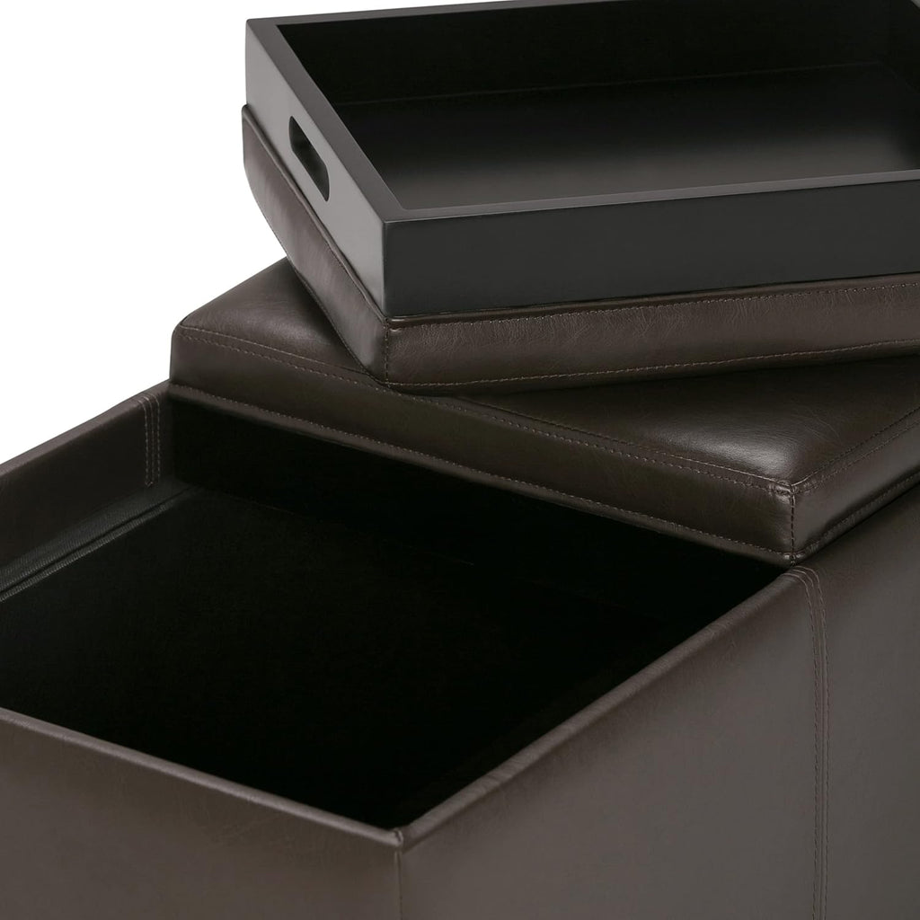 SIMPLIHOME Avalon Storage Ottoman - 42 inch Wide Upholstered Vegan Leather Rectangular Flip-Top Ottoman in Chocolate Brown, Contemporary Coffee Table Ottoman for Living Room with Hidden Storage