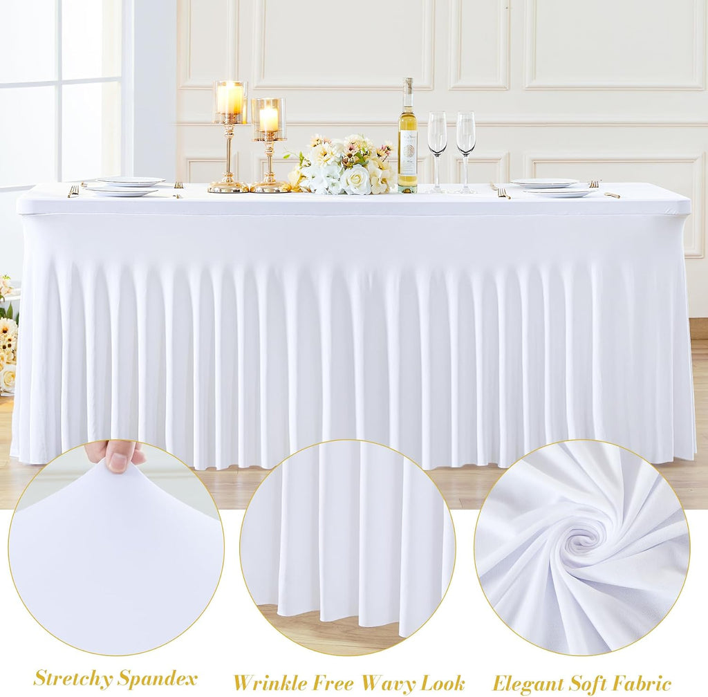 Besutolife 8 Pack White Spandex Tablecloth for 6ft Rectangle Tables Fitted Table Cloth Stretch Table Covers Skirt 6ft Rectangular Tablecloths for Banquet Parties Wedding Decorations