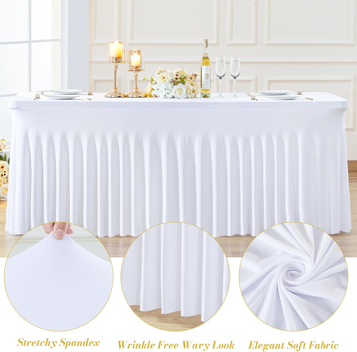 Besutolife 8 Pack White Spandex Tablecloth for 6ft Rectangle Tables Fitted Table Cloth Stretch Table Covers Skirt 6ft Rectangular Tablecloths for Banquet Parties Wedding Decorations