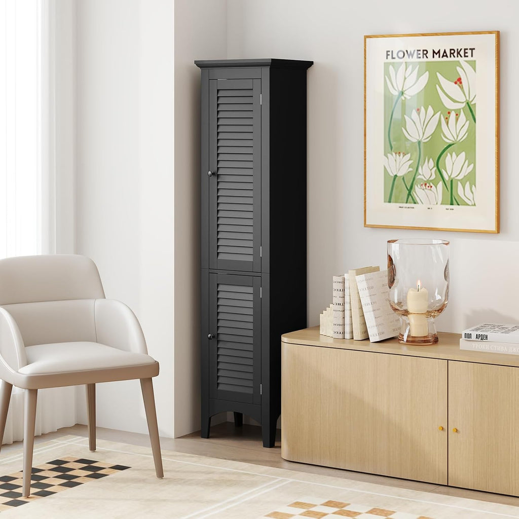 Giantex 63' Tall Bathroom Cabinet, Narrow Floor Cabinet w/ 2 Louvered Doors & Adjustable Shelf, Elevated Legs & Anti-toppling Design, Freestanding Storage Organizer for Bathroom, Living Room, Kitchen