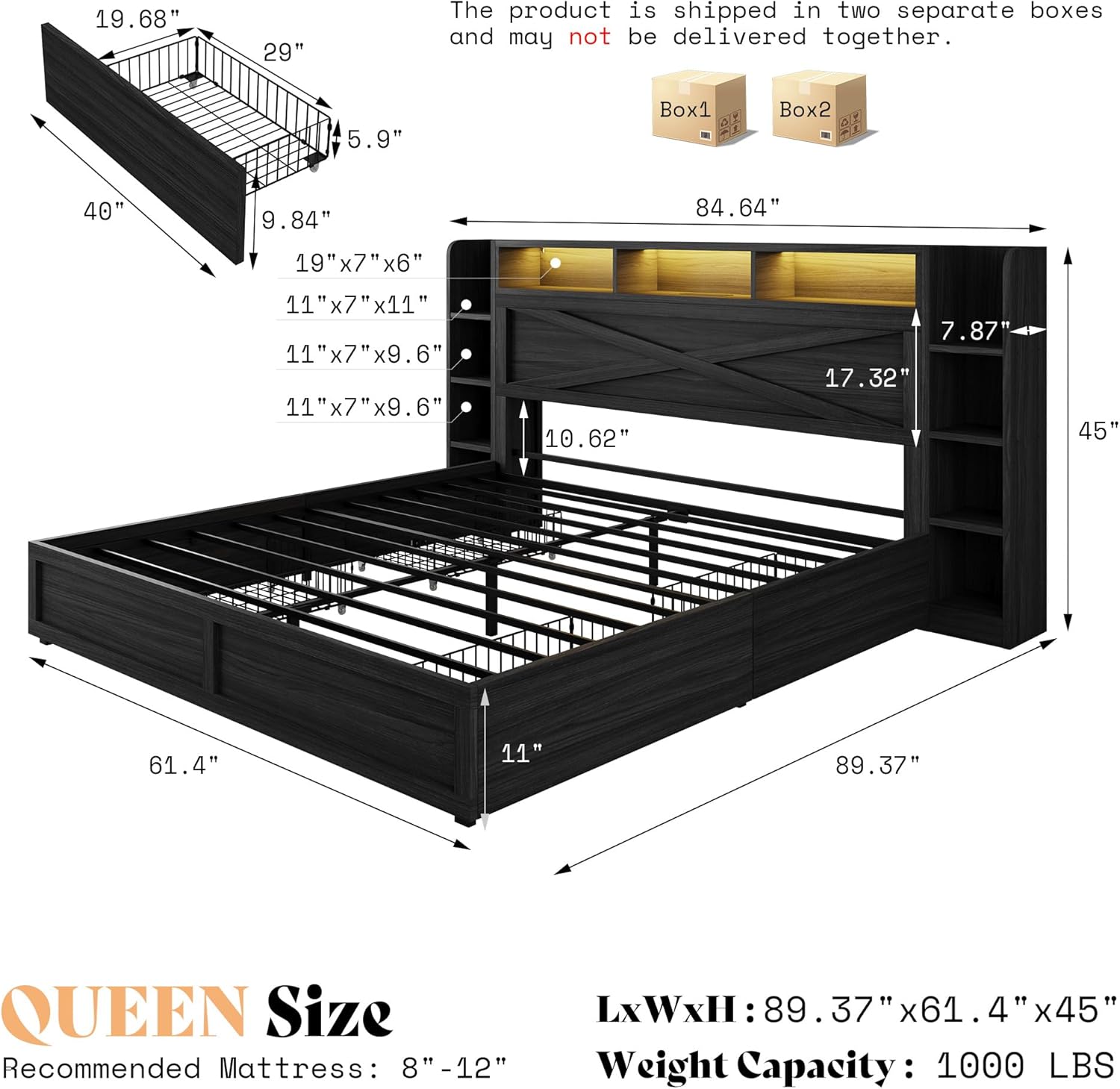 AMERLIFE 45'' Farmhouse Queen Bed Frame with 4 Drawers, LED Bed Frame with Bookcase Headboard & Side Shelves, Wood Platform Bed with Charging Station, Black