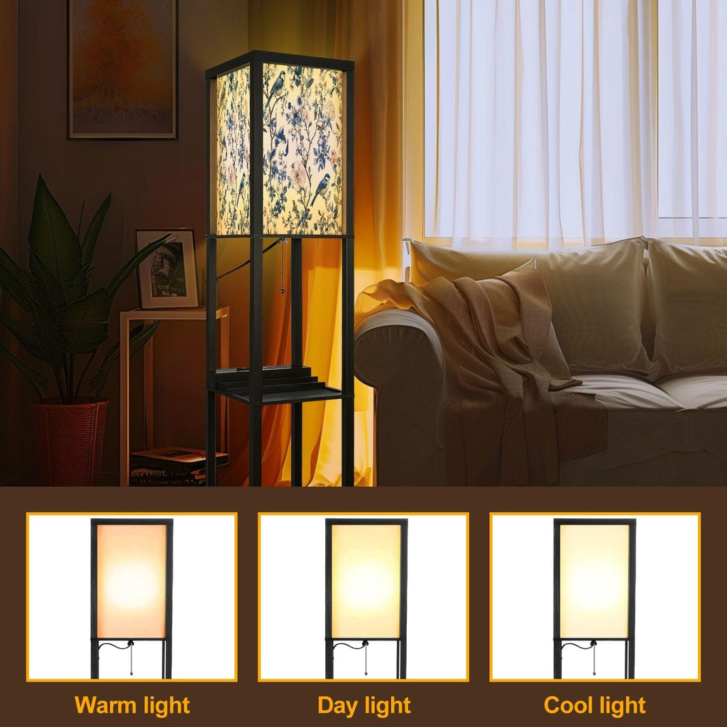 Floor Lamp with Shelves Toile De Jouy Vintage Floral Seamless Pattern 13 Featuring delicate Standing Tall Lamp USB Ports & Power Outlet Modern Corner Lamp Nightstand Light for Living Room Bedroom