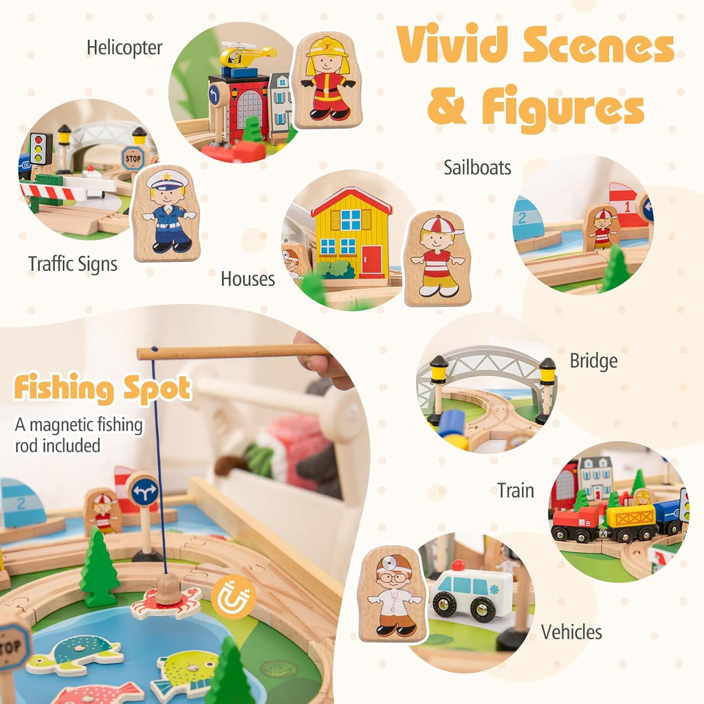 Costzon Train Table, 5 in 1 Kids Activity Wooden Set w/ 78 Pieces Railway Playset, Reversible Map Top, Blackboard, Building Bricks Station & Large Storage Space, Toddler Sensory Table for 18 M+