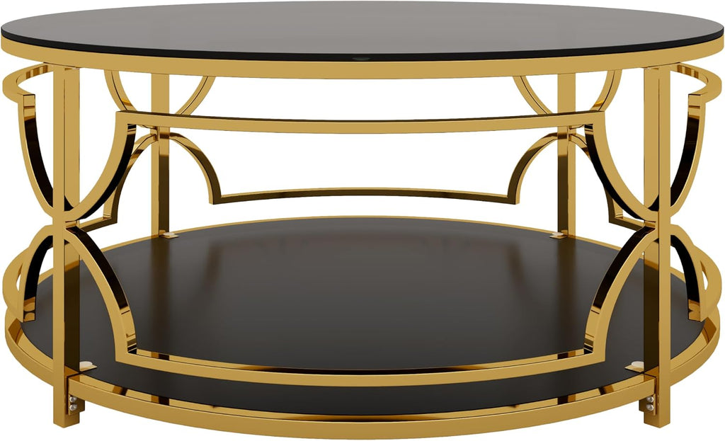 Merax 30.7' Round Tempered Glass Coffee Table, Luxurious Gold Geometric Metal Frame Side Table with Lower Storage Shelf, Modern Accent End Tables for Living Room, Bedroom, Apartment, Office, Black