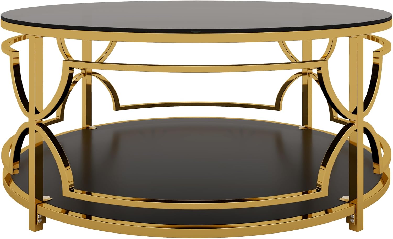 Merax 30.7' Round Tempered Glass Coffee Table, Luxurious Gold Geometric Metal Frame Side Table with Lower Storage Shelf, Modern Accent End Tables for Living Room, Bedroom, Apartment, Office, Black