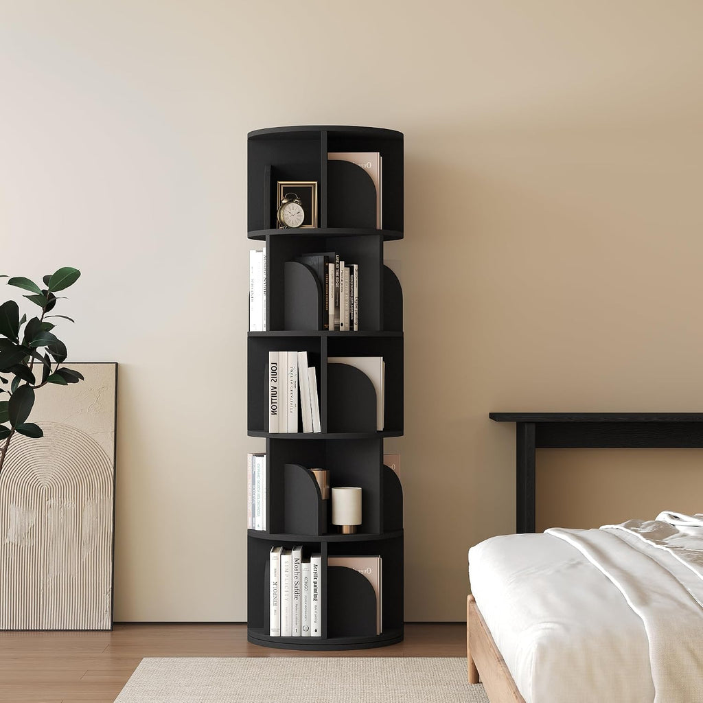 YOWOS Rotating Bookshelf, Small Corner Bookshelf for Small Space, 360 Display Floor Standing Bookcase Storage Rack, Wood Narrow Book Shelf Organizer for Bedroom, Living Room (Black, 5 Tiers)