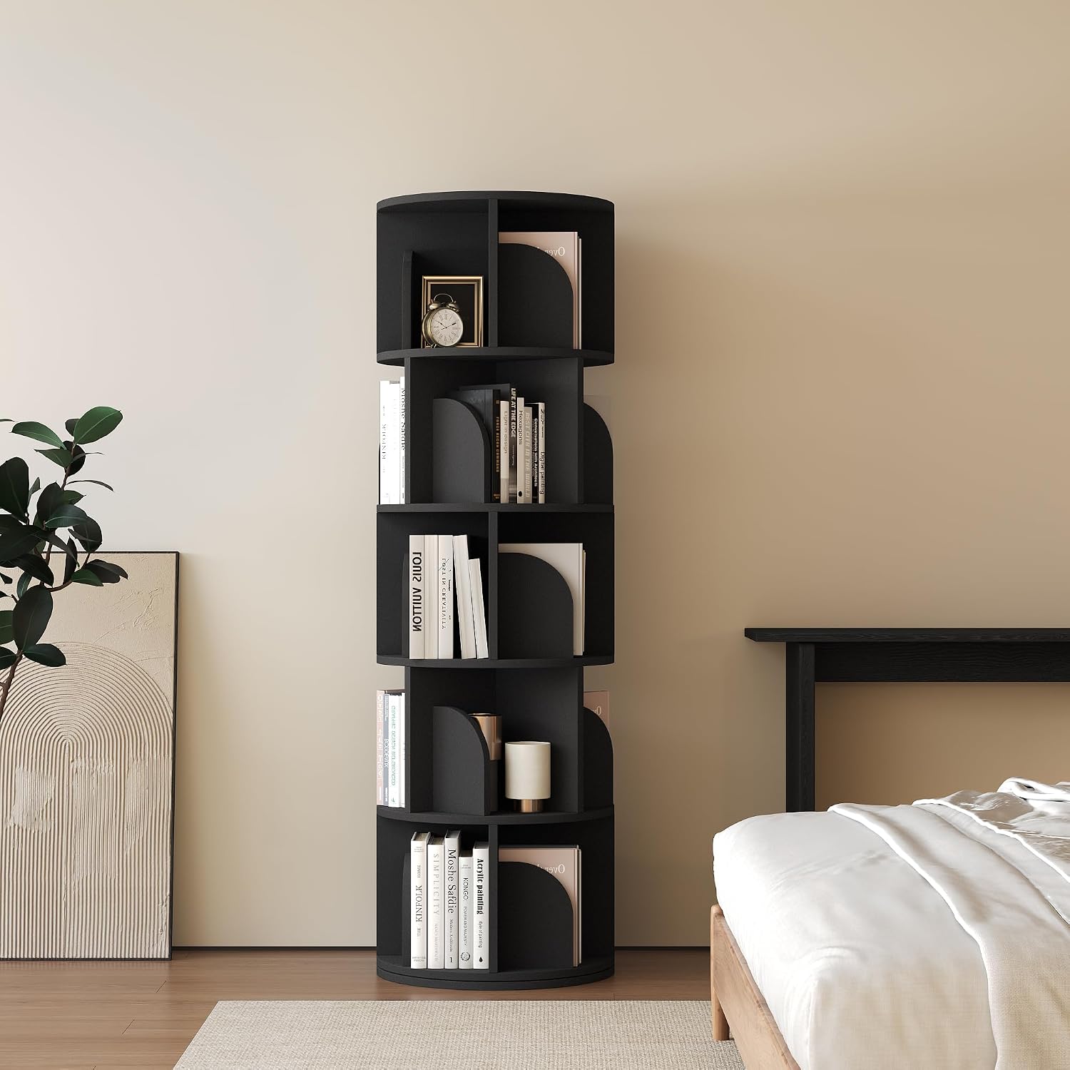 YOWOS Rotating Bookshelf, Small Corner Bookshelf for Small Space, 360 Display Floor Standing Bookcase Storage Rack, Wood Narrow Book Shelf Organizer for Bedroom, Living Room (Black, 5 Tiers)