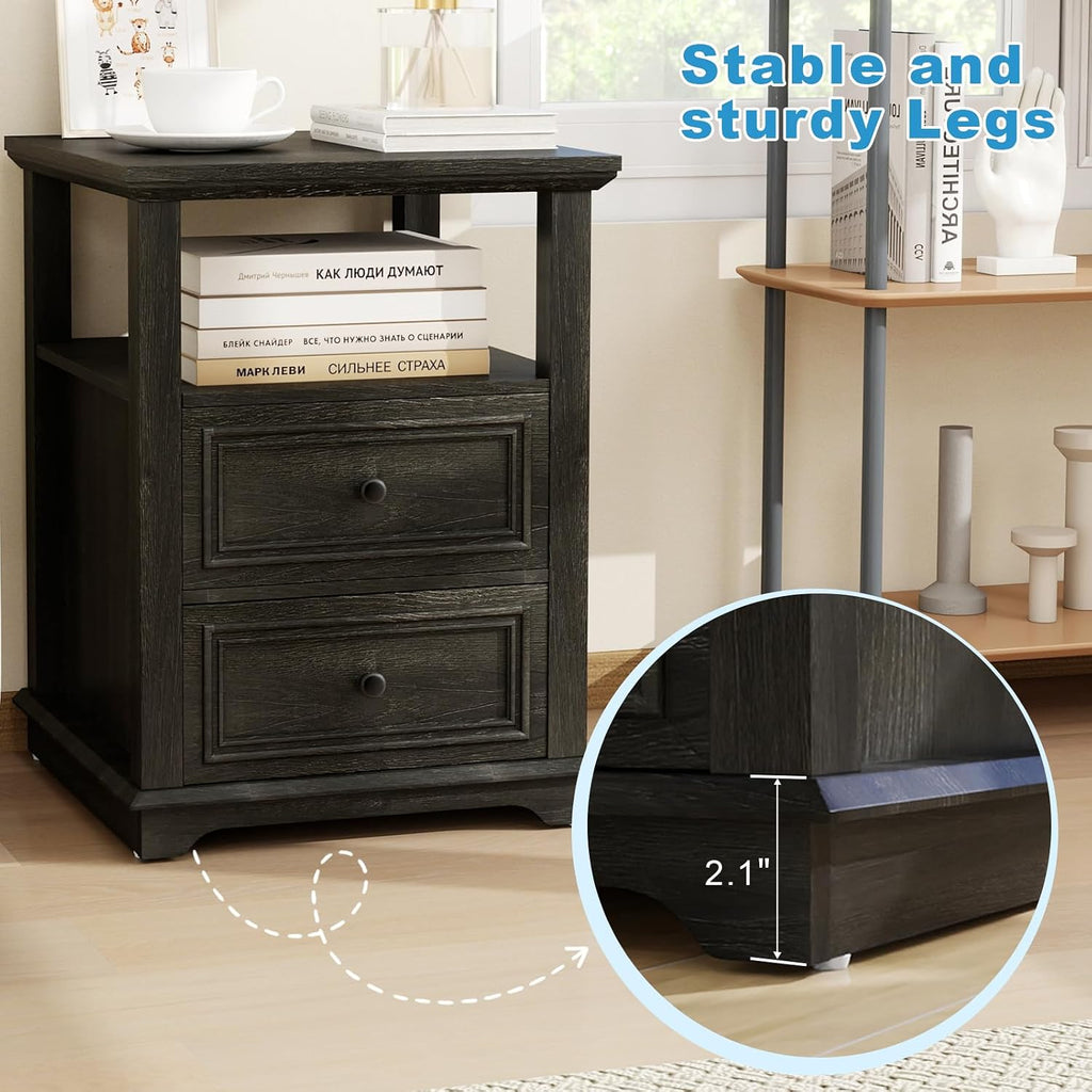 Vipbear Farmhouse Nightstand 18' Dark Gray End Table with Charging Station & 2 Drawers, Rustic Bedside Table with Storage Shelf for Bedroom, Living Room,18.1' D x 18.1' W x 24.2' H, Set of 2