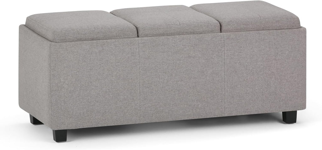 SIMPLIHOME Avalon Storage Ottoman - 42 inch Wide Upholstered Linen Look Fabric Rectangular Flip-Top Ottoman in Cloud Grey, Contemporary Coffee Table Ottoman for Living Room with Hidden Storage