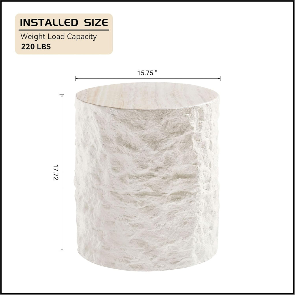WILLIAMSPACE 15.75' Round End Table Side Table with Cement Stone Pattern for Living Room, Modern Circle Fiberglass Small Coffee Sofa Table, No Need Assembly (Beige)