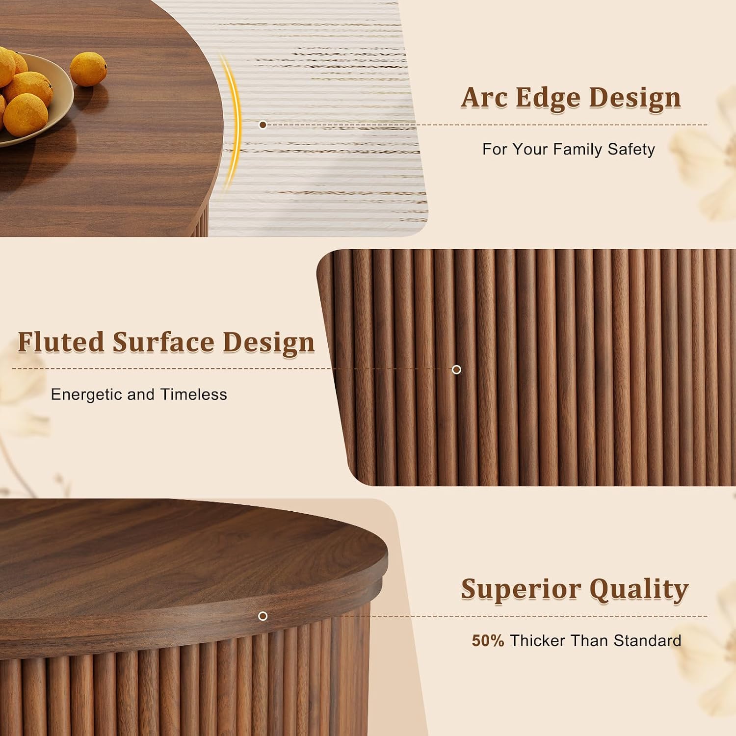 LYNCOHOME 31.5'' Fluted Flip Top Round Coffee Table with Storage, Drum Coffee Table, Modern Coffee Table for Living Room, Center Table for Living Room, Home Office, Dark Brown, Walnut