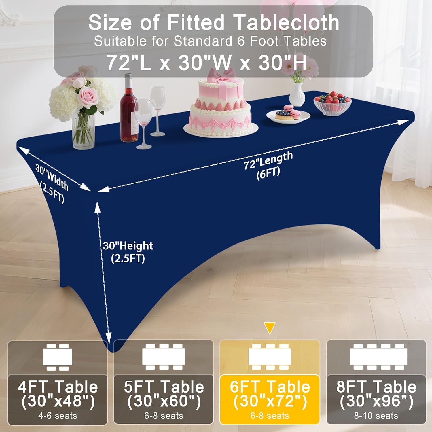 Smiry 12 Pack Spandex Table Cloth 6FT, Elastic Fitted Stretch Tablecloths, Washable and Wrinkle Free Rectangular Patio Table Cover for Outdoor, Wedding, Banquet & Parties (Navy, 72Lx30Wx30H Inch)