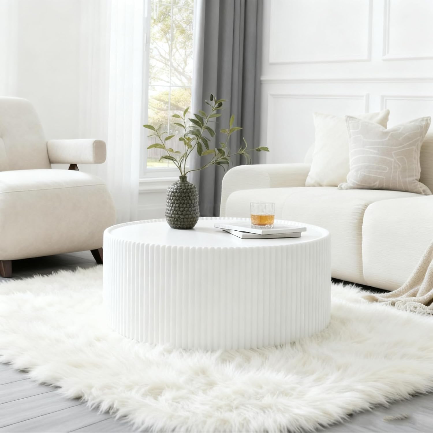 White Round Coffee Table with Sintered Stone Tabletop, 29.52' Drum Coffee Table with Fluted PU Leather Covered and Stable Base, Circle Cocktail Tea Table for Living Room