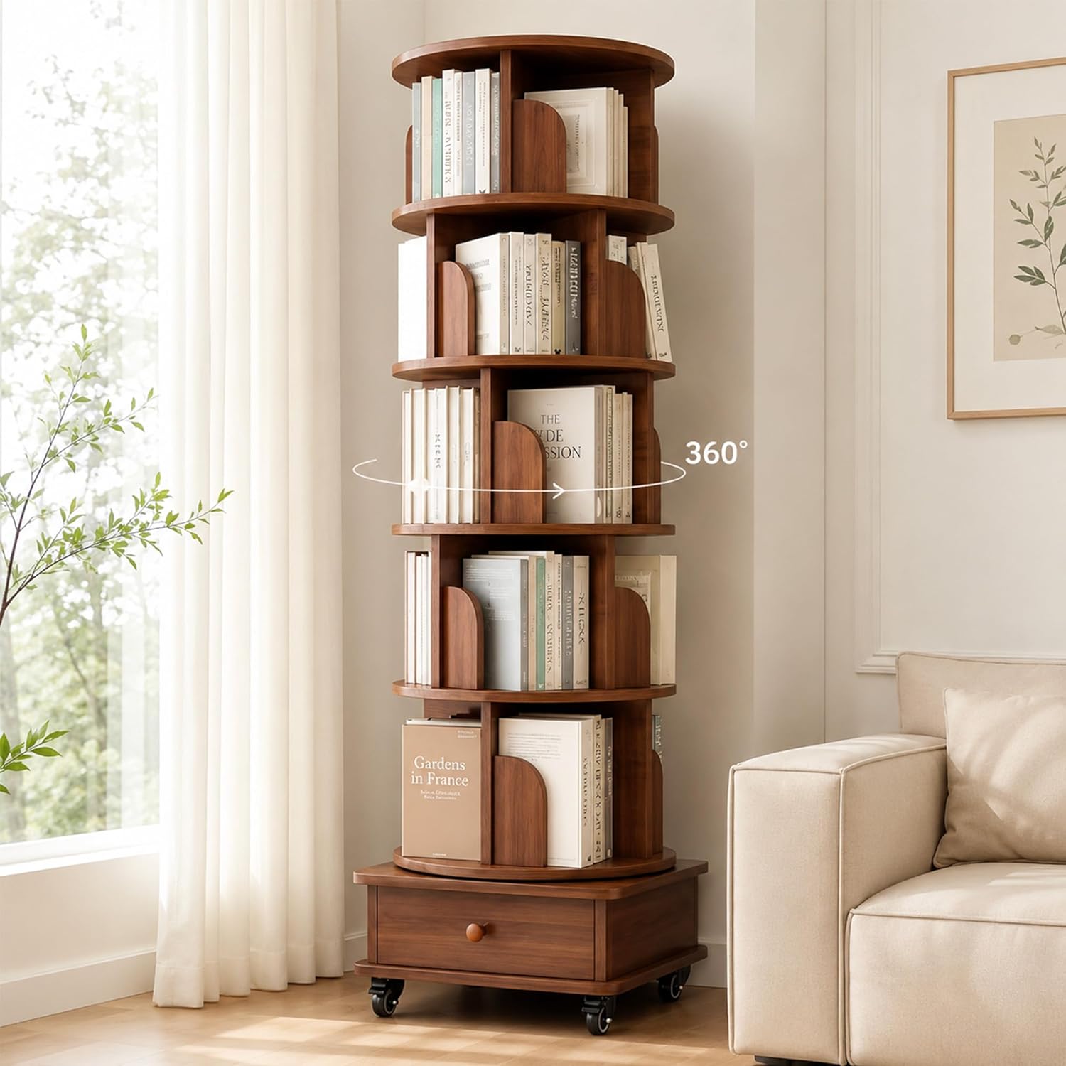 6 Tier Rotating Bookshelf with Cabinet On Wheel, 360° Display Spinning Corner Book Shelf Tower, Narrow Tall Bookshelves, Small Revolving Bookcase, Wooden Book Shelf Standing Storage Rack
