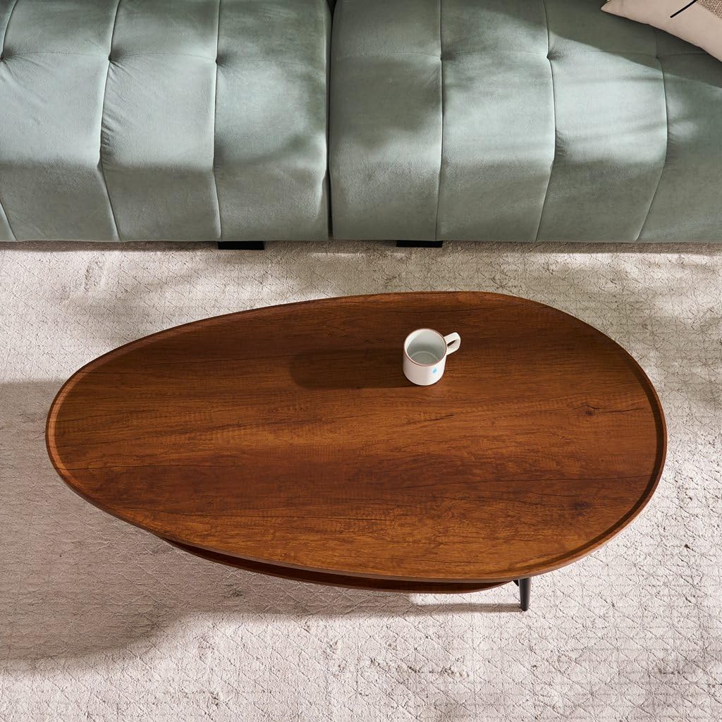 AGV Oval Coffee Table with Storage Shelf, 47' Mid Century Modern Coffee Table for Living Room, Walnut Wood Finish MDF Top with Black Metal Legs
