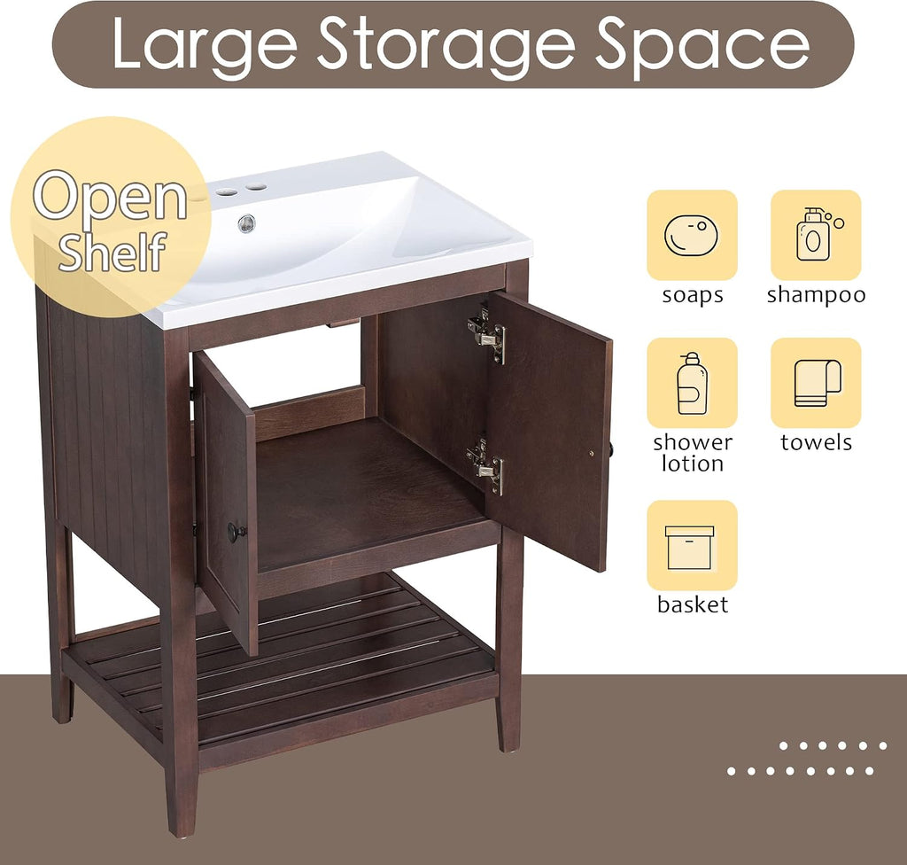 Merax 24 Inch Bathroom Vanity with Sink Set Combo, Cabinet with Doors and Open Shelf, Solid Wood Frame with Painted Finish, Modern Style