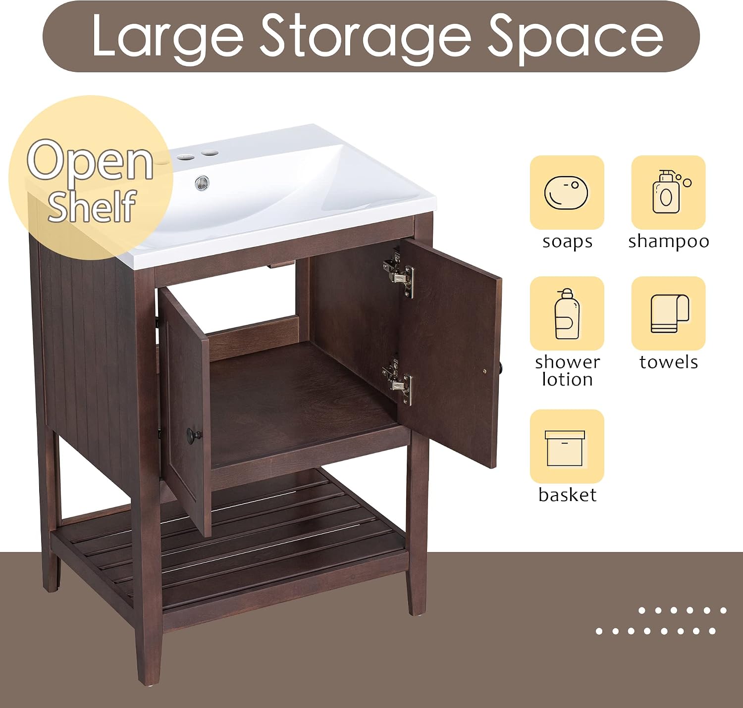Merax 24 Inch Bathroom Vanity with Sink Set Combo, Cabinet with Doors and Open Shelf, Solid Wood Frame with Painted Finish, Modern Style