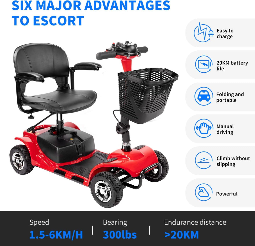 4 Wheel Mobility Scooter, Electric Power Mobile Wheelchair for Seniors Adult with Lights- Collapsible and Compact Duty Travel Scooter w/Basket Extended Battery Red Light Red