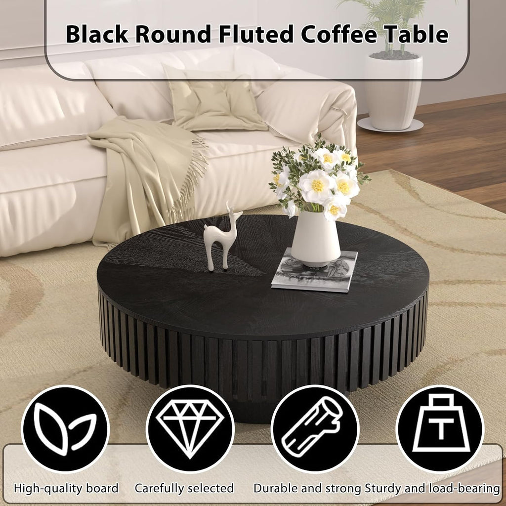 31.49'' Round Drum Coffee Table with Storage Space, Modern Wood Circle Fluted Coffee Tables Handcrafted Fluted Center Table for Living Room Apartment, Easy Assembly