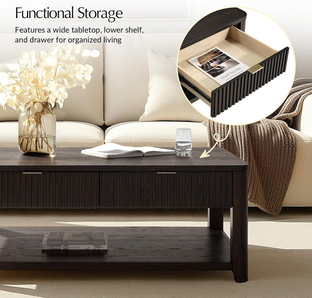 HULALA HOME Modern Fluted Coffee Table with Storage, Wood Oak Veneer Coffee Table with Wide Tabletop, 2 Drawers and Lower Shelf for Living Room, Easy Assembly, Black