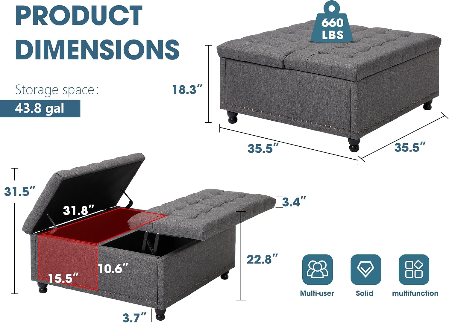 Grepatio 35.5' Large Square Storage Ottoman, Lift Top Ottoman Square Bench with Storage, Tufted Upholstered Ottomans, Ottomans Coffee Tables for Living Room, Bedroom (Gray)