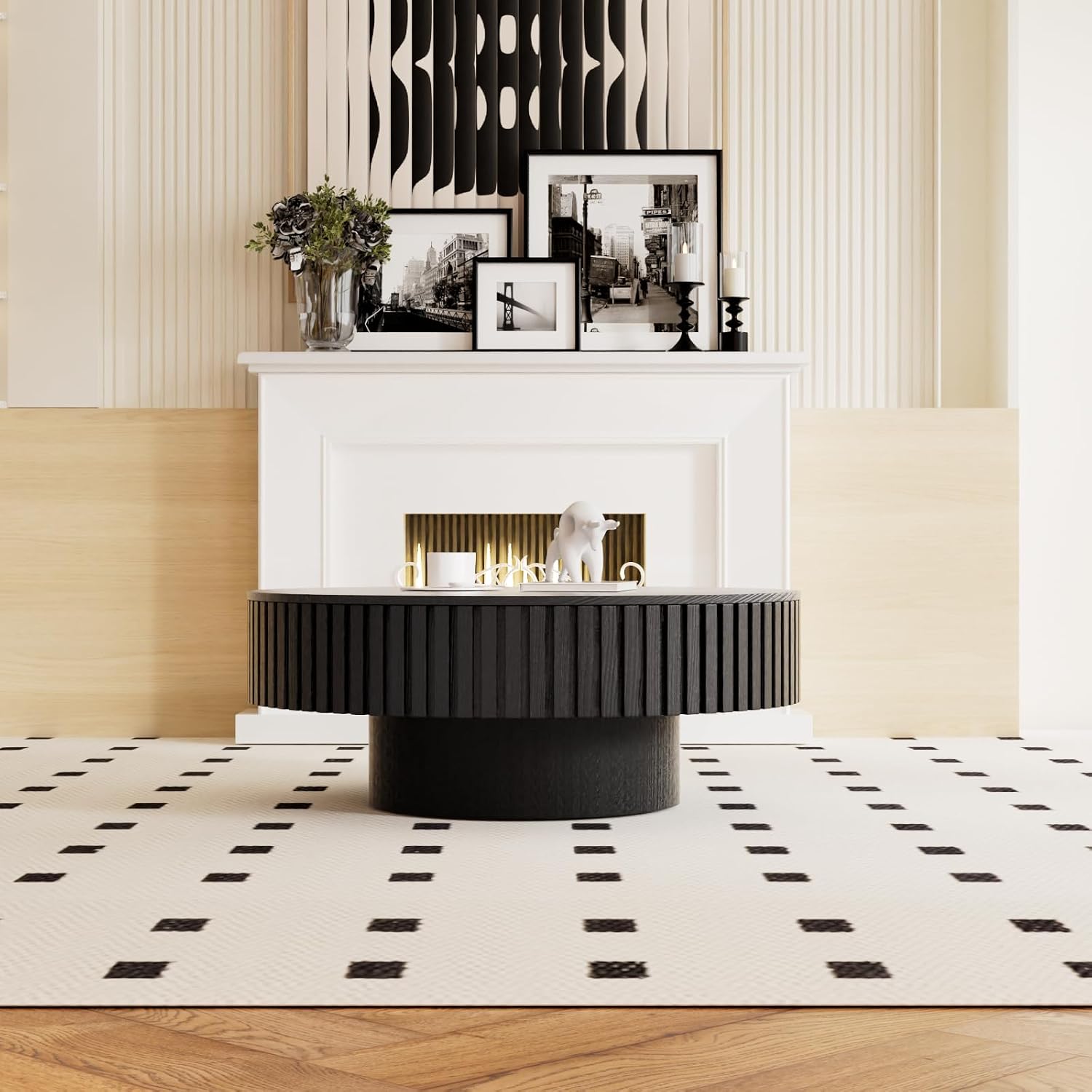 Round Coffee Table with Storage for Living Room Modern Black Fluted Drum Coffee Table 31.4 inch Low Round Storage Coffee Tables for Living Room (Black A, 31.4')