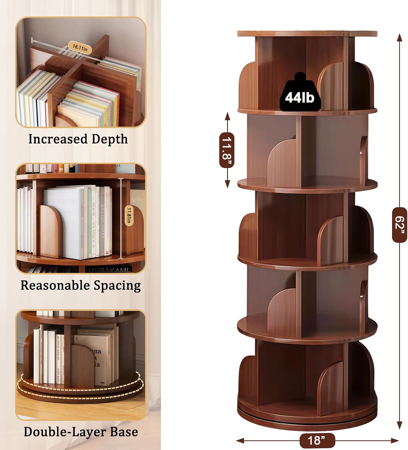 5 Tier Rotating Bookshelf, 360° Display Spinning Corner Book Shelf Tower, Narrow Tall Bookshelves, Small Revolving Bookcase, Wooden Book Shelf Standing Storage Rack