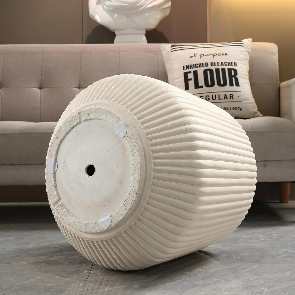 Off-White MGO Round Coffee Table for Indoors and Outdoors, 19.69' Mid-Century Modern Magnesium Oxide Fluted Drum Coffee Table, Circle Cocktail Tea Table for Living Room, No Assemble