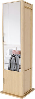 360° Rotating Makeup Storage Cabinet with Full-Length Mirror, Jewelry Armoire Organizer, Freestanding Bookshelf Tower, Coat Hook Stand, Hidden Shelves, Space-Saving Bedroom Furniture (Walnut)