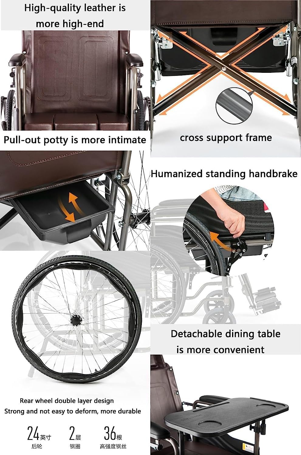Reclining Wheelchair Commode Steel Bathroom Transport Shower Chair Foldable Lightweight Manual Wheelchair W/Dining Table Toilet Chair Scooter for Elderly