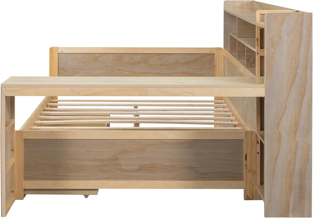 SOFTSEA Full Size Daybed with Storage Bookcase & Drawers, Wood Daybed with Study Desk and Storage Shelves for Kids Teens Adults, Full Corner Bed Frame with Storage Headboard, Antique Natural