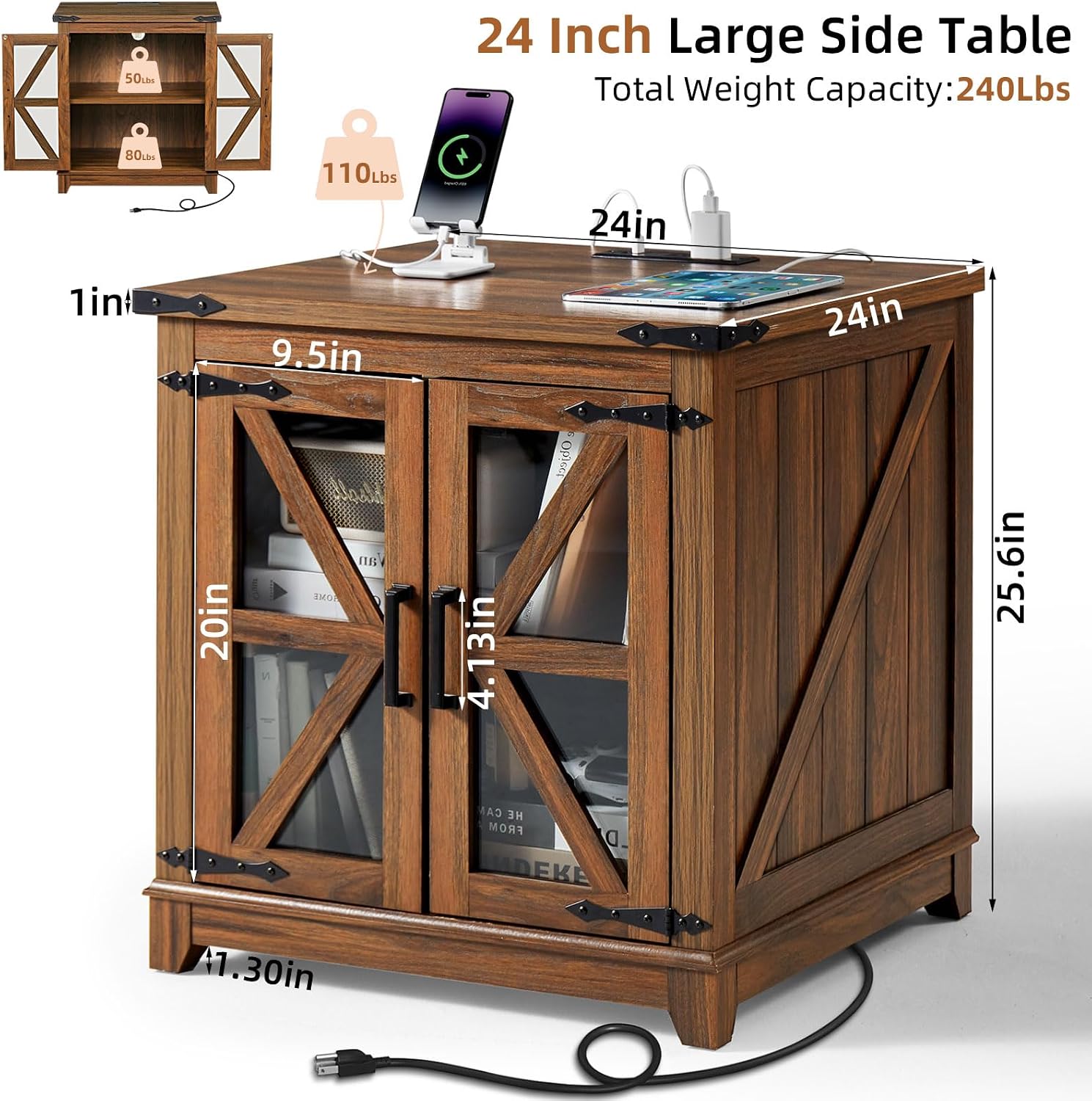 Farmhouse Coffee Table Sets 2 Pieces, Large End Side Tables with Charging Station and Coffee Table with Hidden Storage Compartment, Black Living Room Table Set, Wood Furniture Sets for Home Office