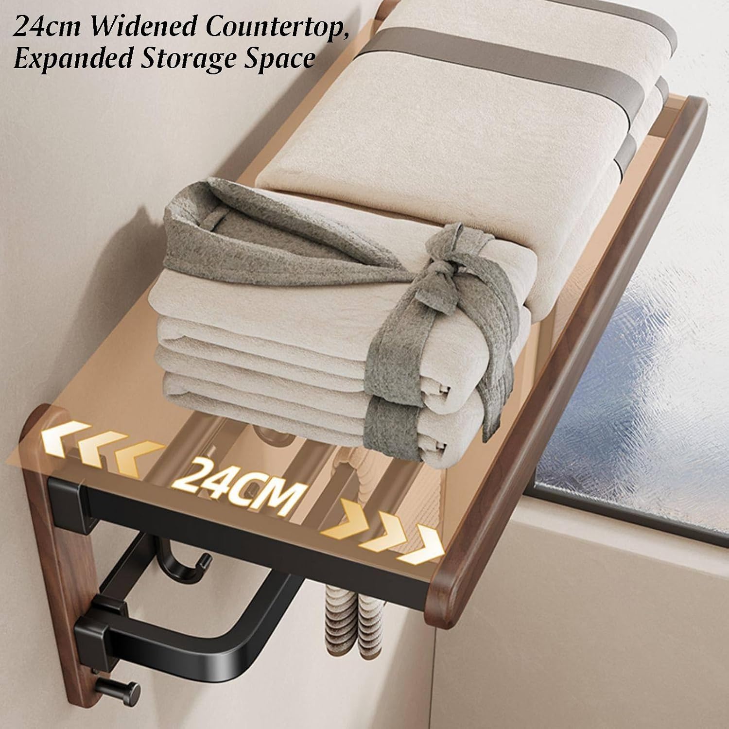 Wall Mounted Towel Rack,Over Toilet Storage with Towel Bar,Space Aluminum+Wood,Double-Folding Design,for Livingroom Bathroom(L-60cm)
