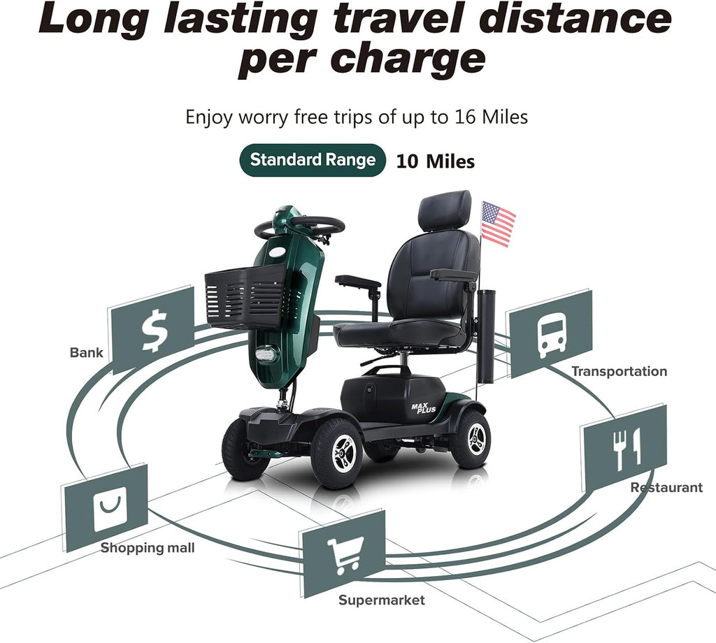 Mobility Scooters for Seniors & Adults 400 Lb Weight Foldable,All-Terrain Heavy Duty 4 Wheel Powered Scooter,Portable Disability Mobile Electric Wheelchair with Comfort Seat,15Miles,5MPH,Green