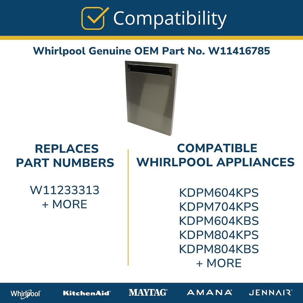 Whirlpool W11416785 Genuine OEM Dishwasher Door Outer Panel Replacement Part - Replaces W11233313