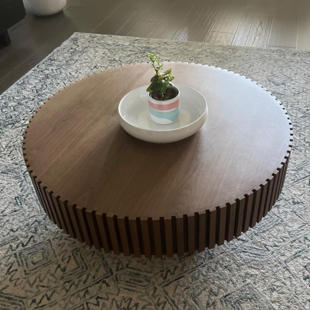 39.37'' Walnut Round Coffee Table for Living Room, Modern Wood Contemporary Circle Fluted Drum Style, Easy Assembly, Walnut (ø39.37'' x 13.42'')