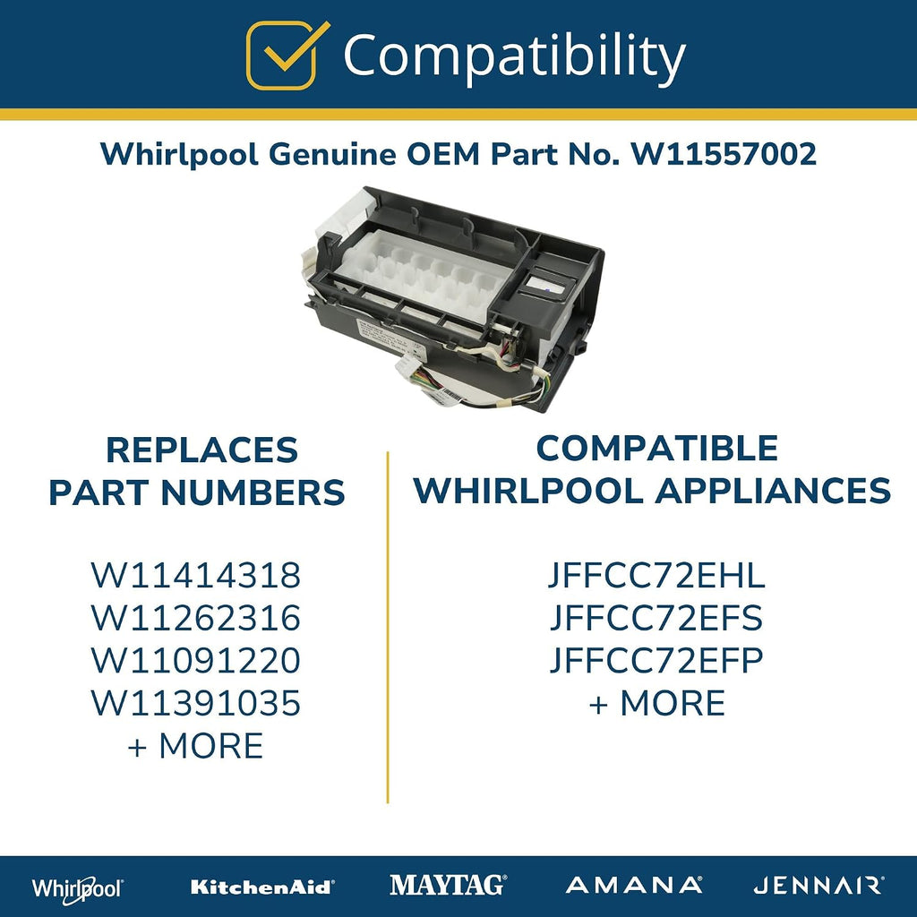 Whirlpool W11557002 Genuine OEM Refrigerator Ice Maker Assembly Replacement Part - Replaces W11414318, W11262316, W11091220, and W11391035