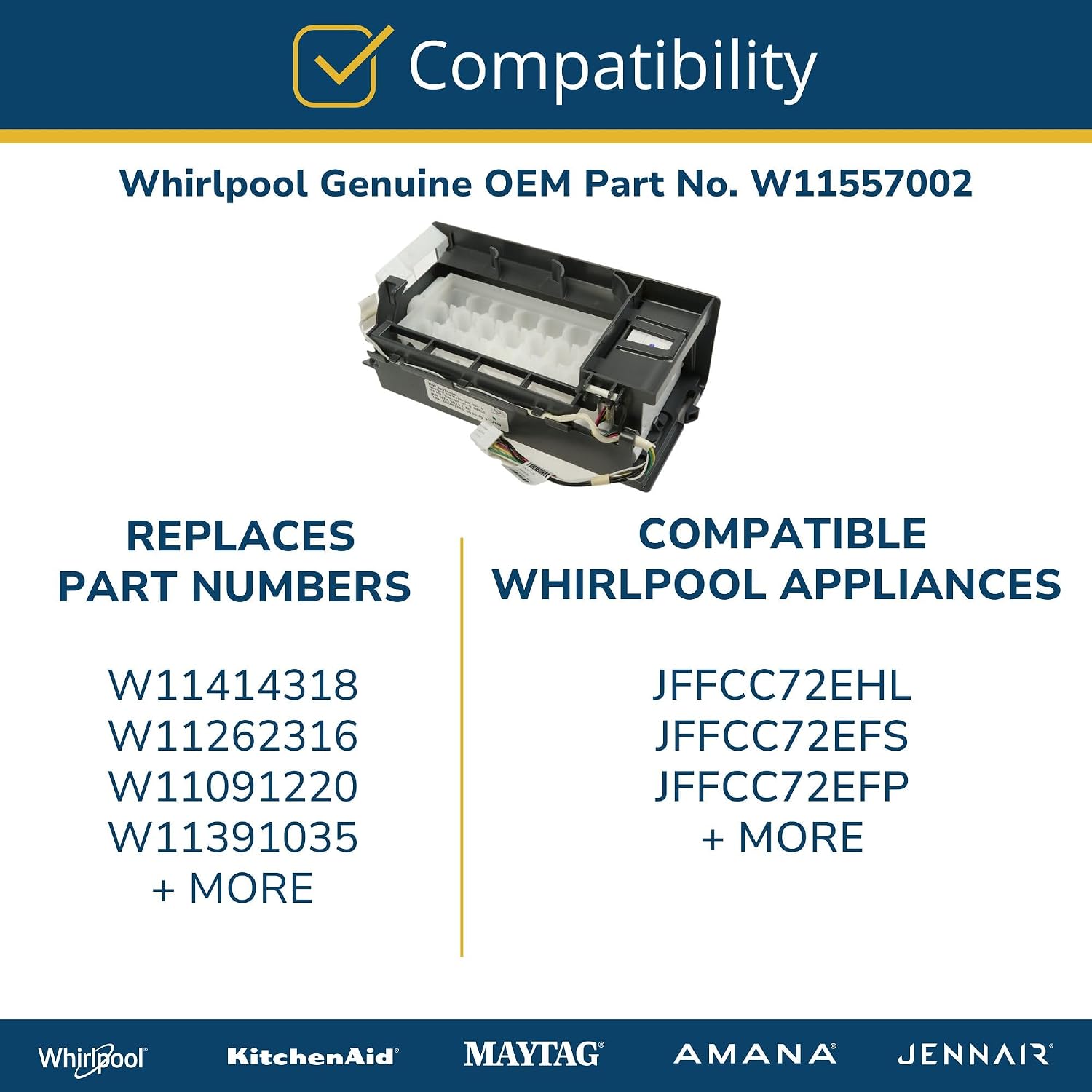 Whirlpool W11557002 Genuine OEM Refrigerator Ice Maker Assembly Replacement Part - Replaces W11414318, W11262316, W11091220, and W11391035