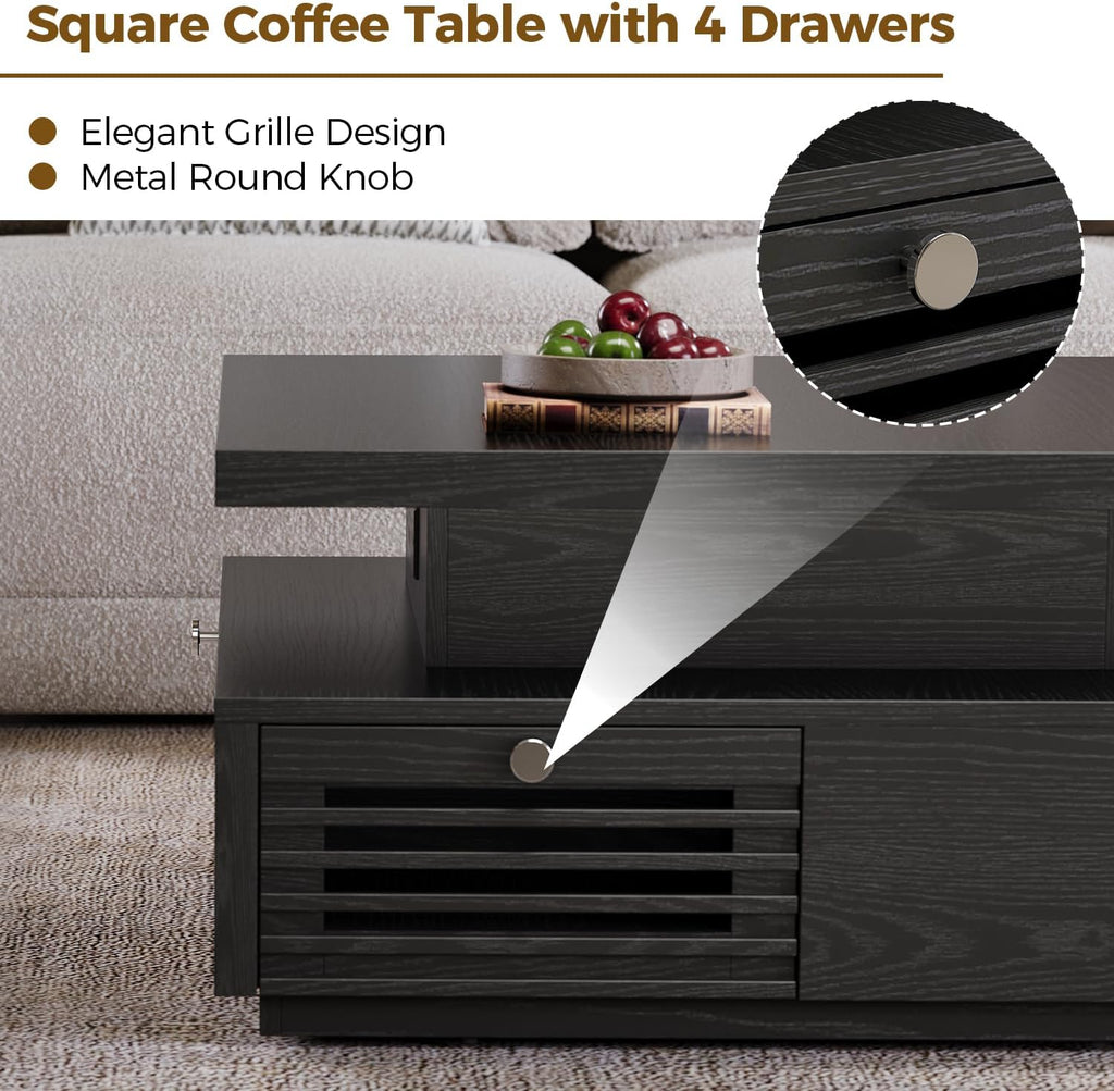IRONCK Mid Century Modern Coffee Table with LED Lights & Charging Station, 4 Storage Drawers with Grille Design, Square Wood Coffee Table for Living Room Office, (Black)
