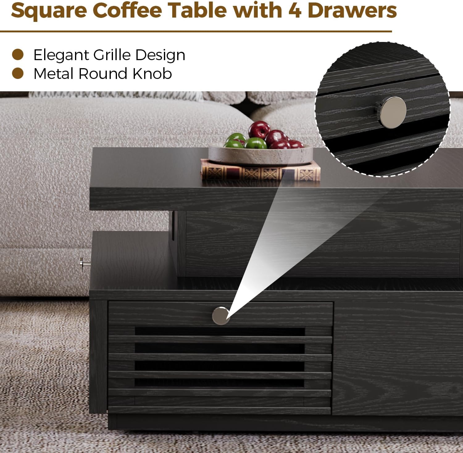 IRONCK Mid Century Modern Coffee Table with LED Lights & Charging Station, 4 Storage Drawers with Grille Design, Square Wood Coffee Table for Living Room Office, (Black)