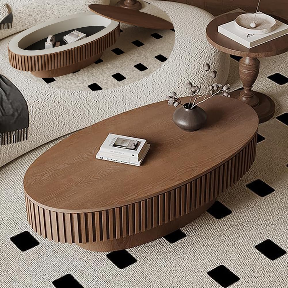 47.2'' Oval Coffee Table with Storage for Living Room Wood Fluted Coffee Table Mid Century Modern Coffee Tables with Lid Pedestal Center Tables for Apartment Walnut