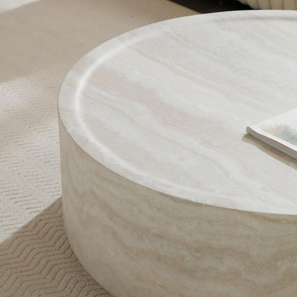 39.37' Marble Pattern Round Coffee Table for Living Room, Modern Large Circle Coffee Table Minimalist EndTable Side Table for Living Room Apartment, Office, No Need Assembly, Fiberglass Stone, Beige